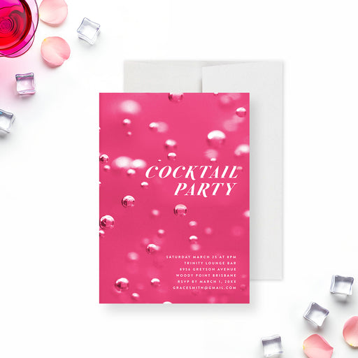 pink cocktail party invitation with bubbly drink-inspired background, elegant lettering, and custom event details for a stylish celebration-front