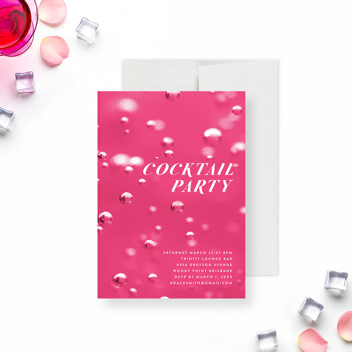 pink cocktail party invitation with bubbly drink-inspired background, elegant lettering, and custom event details for a stylish celebration-front
