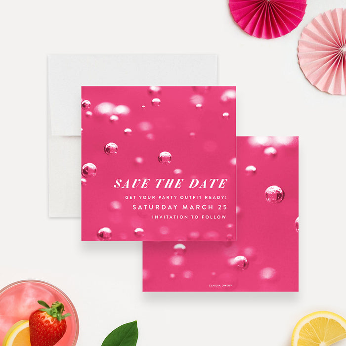 pink cocktail party save the date card with bubbly drink-inspired background, chic white lettering, and custom party date details-front-back