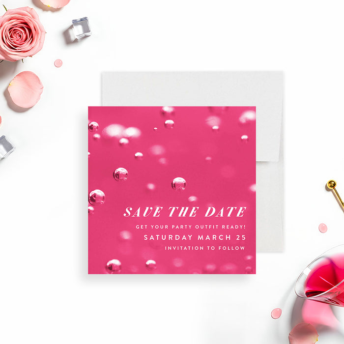 pink cocktail party save the date card with bubbly drink-inspired background, chic white lettering, and custom party date details-front