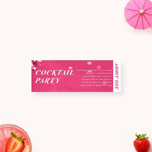 pink cocktail party ticket invitation with a modern bubbly drink design, white lettering, and admit one side panel