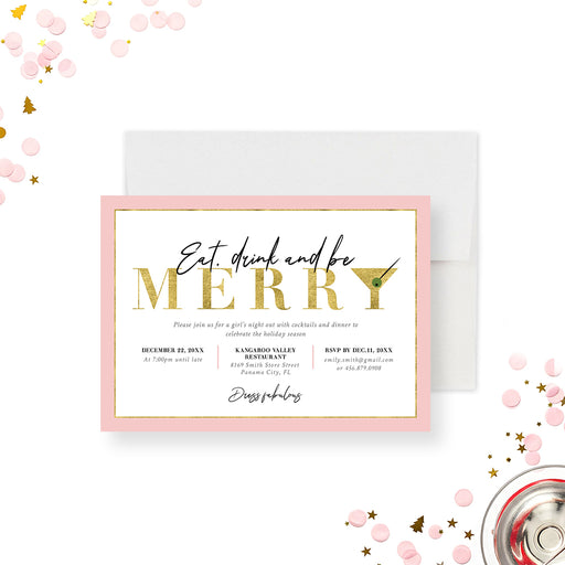 eat drink and be merry holiday invitation with blush pink border and elegant gold typography-front