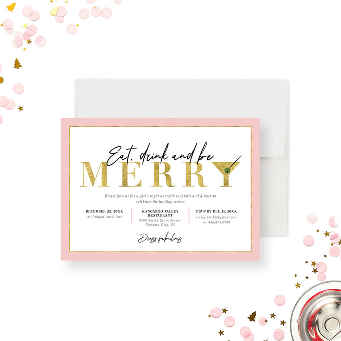 eat drink and be merry holiday invitation with blush pink border and elegant gold typography-front