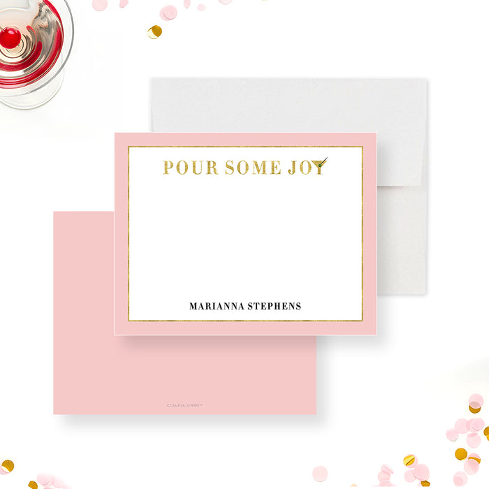 pink and gold personalized pour some joy note card with elegant typography and blush border design-front-back