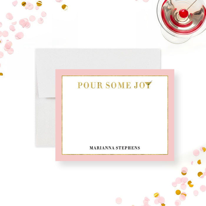 pink and gold personalized pour some joy note card with elegant typography and blush border design-front