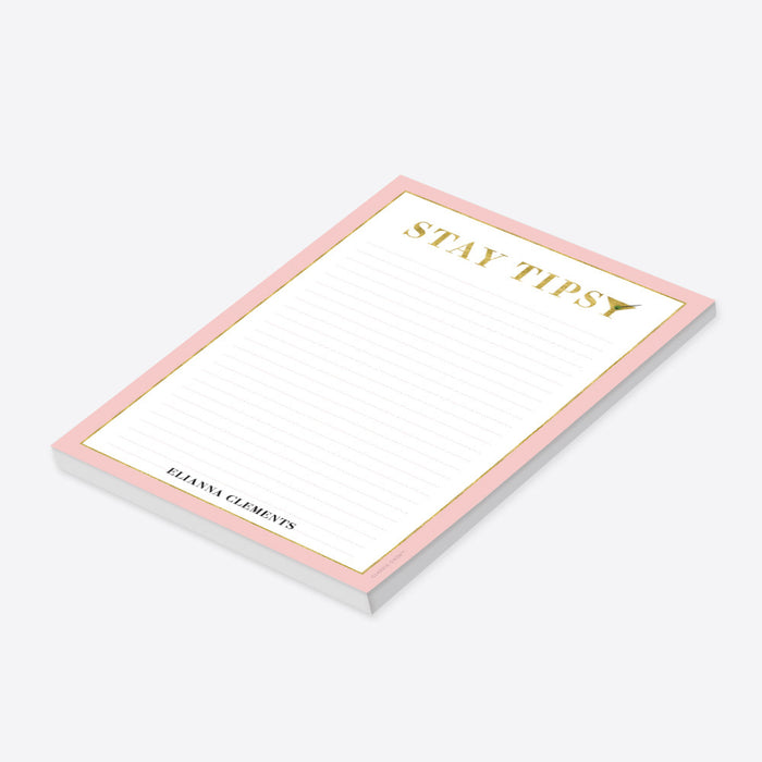 pink and gold personalized stay tipsy notepad with lined pages and elegant cocktail-inspired design-side