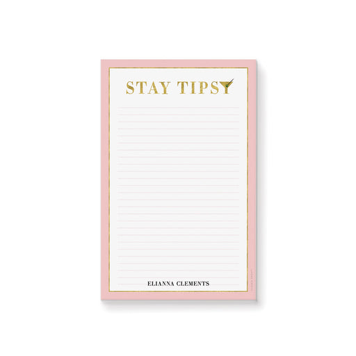 pink and gold personalized stay tipsy notepad with lined pages and elegant cocktail-inspired design