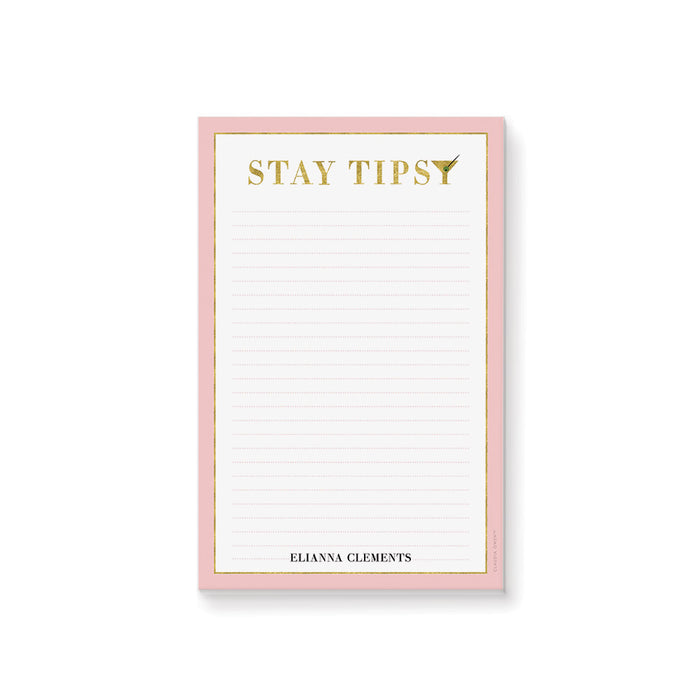 pink and gold personalized stay tipsy notepad with lined pages and elegant cocktail-inspired design