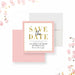 pink and gold holiday save the date card with elegant typography and blush border for festive celebrations-front-back