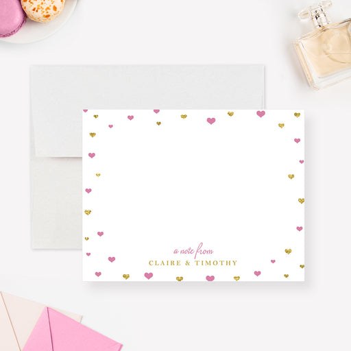 Pink and gold heart thank you card with couple photo on back