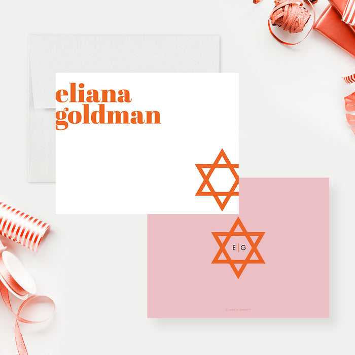 Pink and orange Bat Mitzvah thank you card with Star of David-front-back