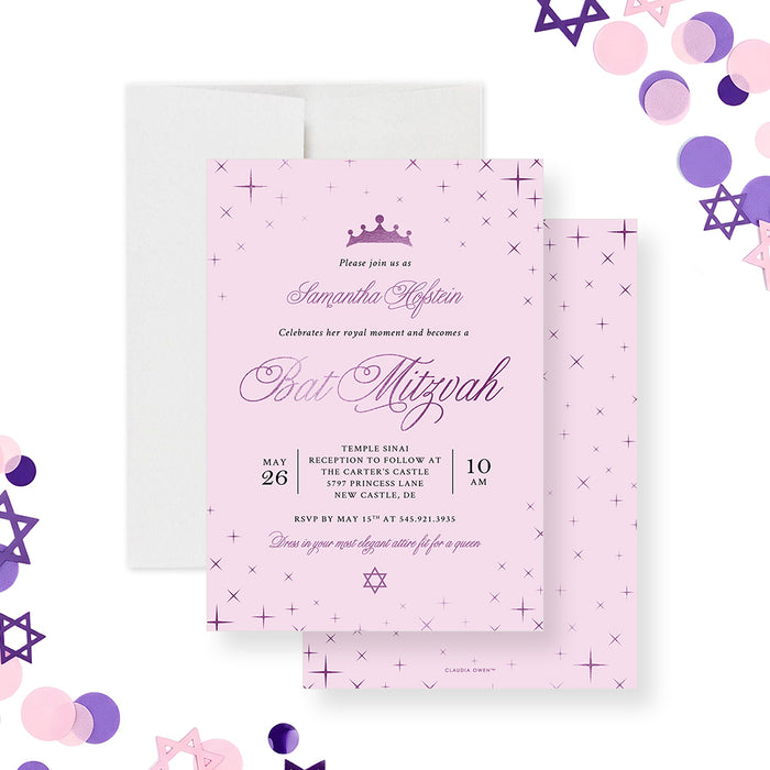 Pink and purple bat mitzvah invitation with princess crown, elegant script lettering, and star details on a soft pastel background-front-back
