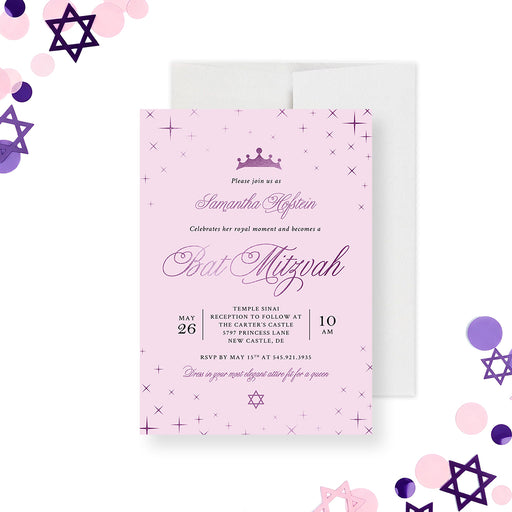 Pink and purple bat mitzvah invitation with princess crown, elegant script lettering, and star details on a soft pastel background-front