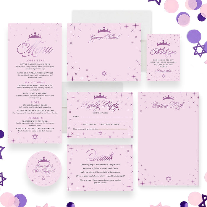 Bat Mitzvah Invitation Pink Purple Princess Party Invite