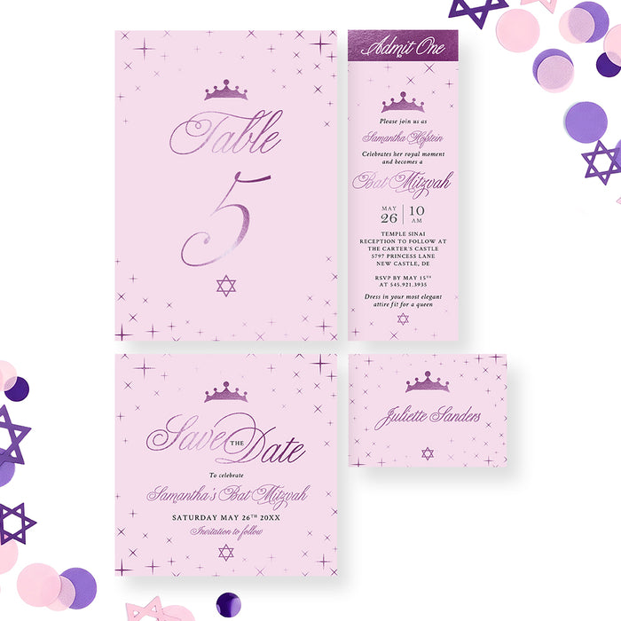 Bat Mitzvah Invitation Pink Purple Princess Party Invite