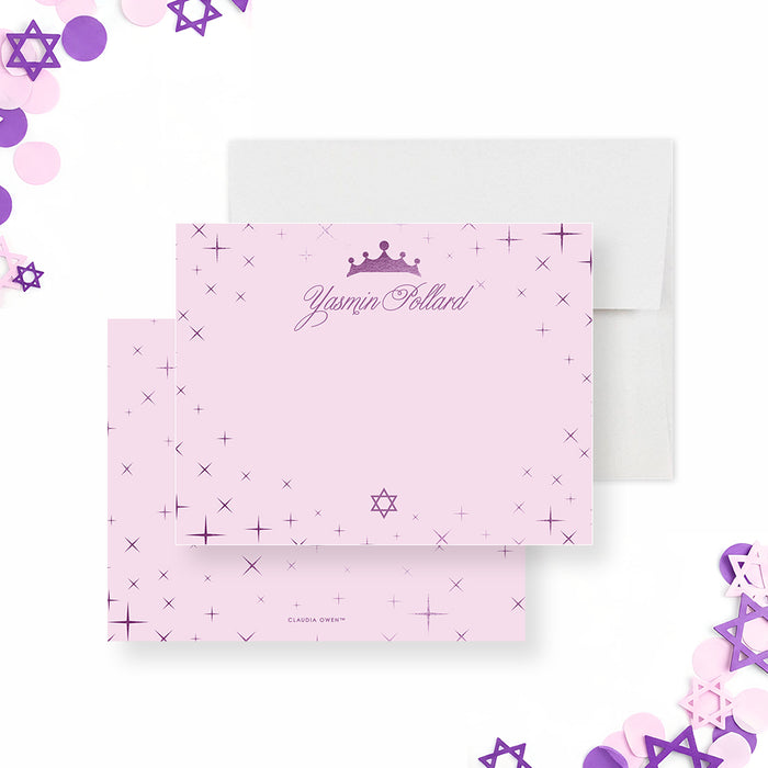 Bat mitzvah thank you card in pink and purple with princess crown, star accents, and personalized name in elegant script design-front-back