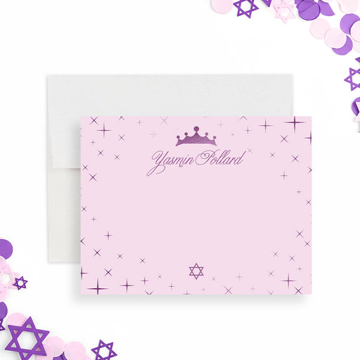 Bat mitzvah thank you card in pink and purple with princess crown, star accents, and personalized name in elegant script design-front