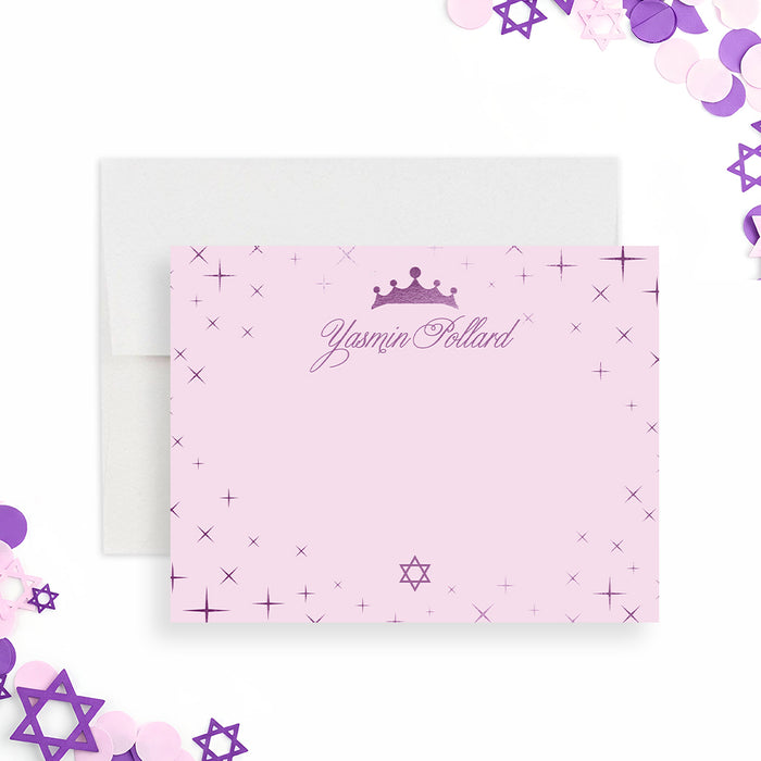 Bat mitzvah thank you card in pink and purple with princess crown, star accents, and personalized name in elegant script design-front