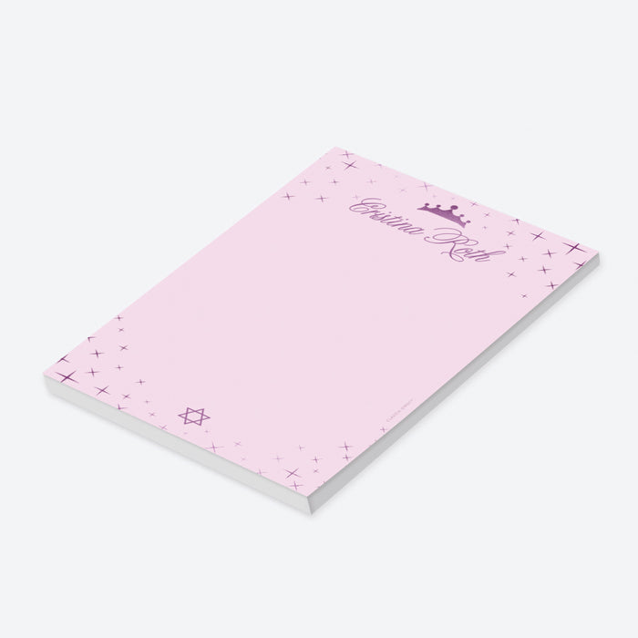 Personalized bat mitzvah notepad in pink and purple with princess crown, star accents, and custom name in elegant script-side