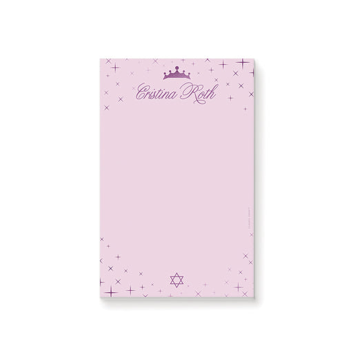 Personalized bat mitzvah notepad in pink and purple with princess crown, star accents, and custom name in elegant script.