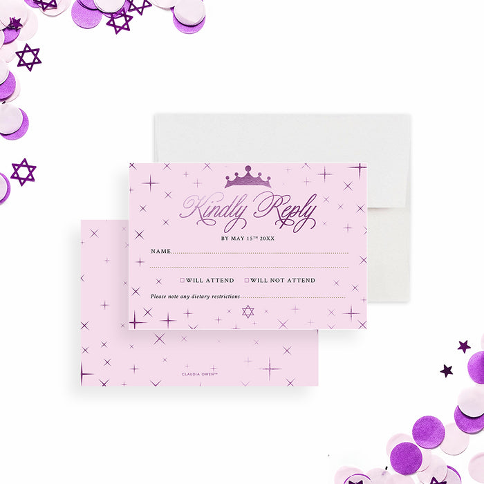 Bat Mitzvah Invitation Pink Purple Princess Party Invite