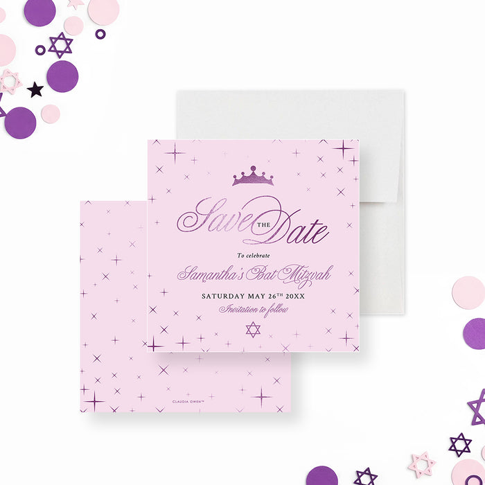 Pink and purple bat mitzvah save the date card with princess crown, elegant script lettering, and star accents on a soft pastel background-front-back