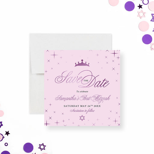 Pink and purple bat mitzvah save the date card with princess crown, elegant script lettering, and star accents on a soft pastel background-front