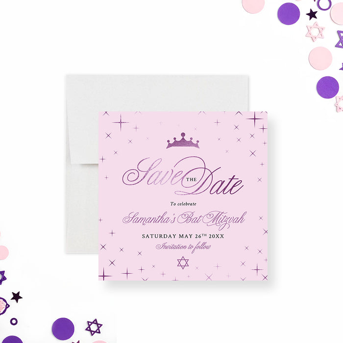 Pink and purple bat mitzvah save the date card with princess crown, elegant script lettering, and star accents on a soft pastel background-front