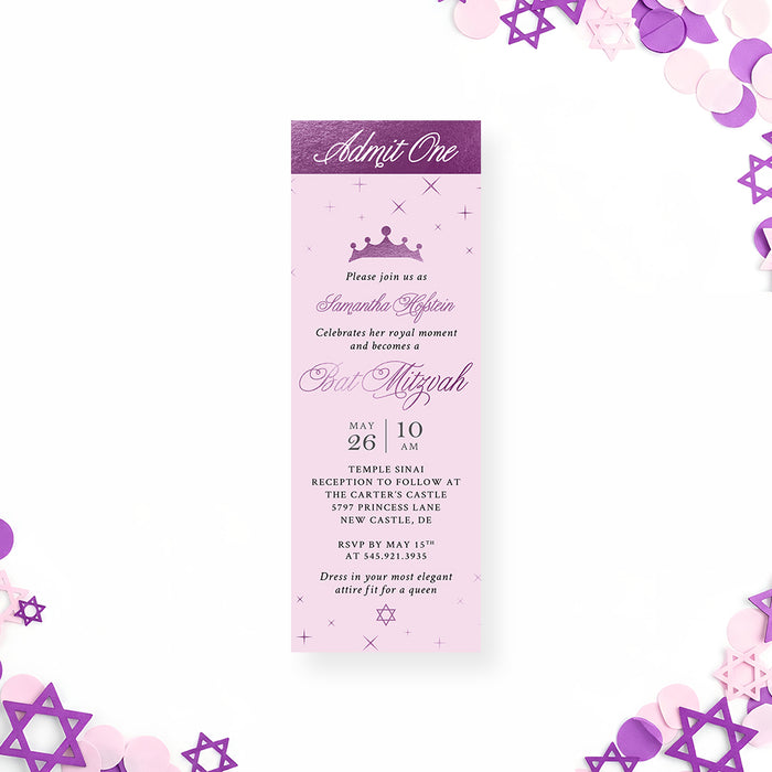Bat mitzvah ticket invitation in pink and purple with princess crown design, admit one style layout, and elegant script details.