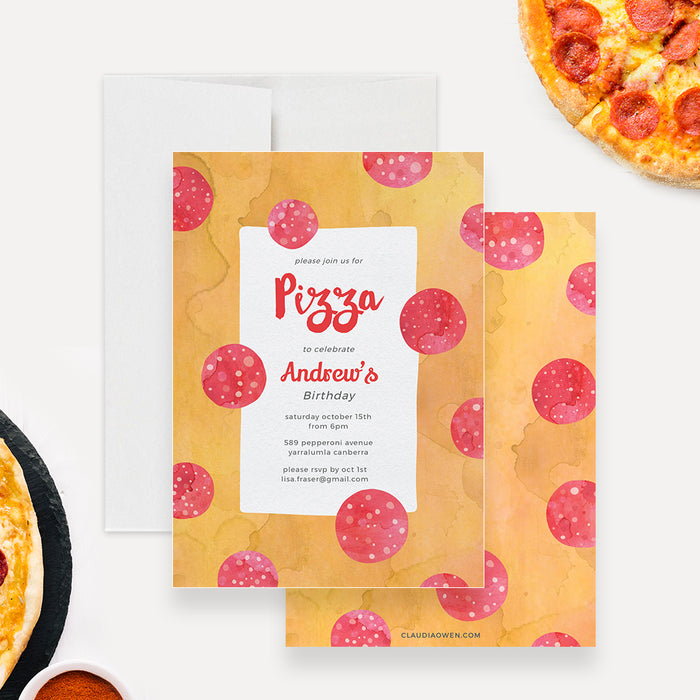 Watercolor pizza birthday invitation featuring a warm yellow background, scattered pepperoni illustrations, and playful red typography for a fun kids party theme.