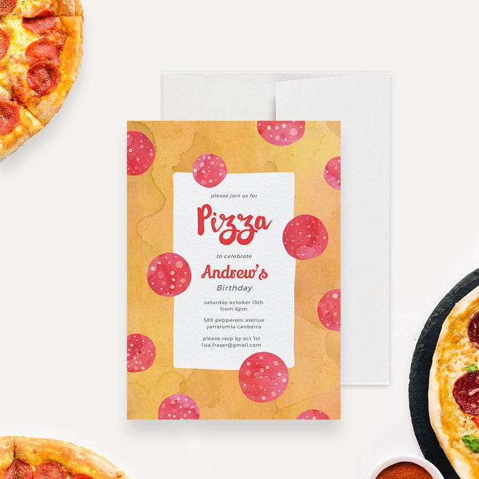 Watercolor pizza birthday invitation featuring a warm yellow background, scattered pepperoni illustrations, and playful red typography for a fun kids party theme.