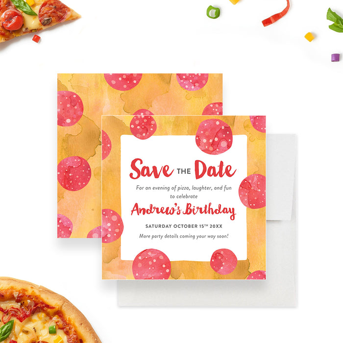 pepperoni pizza birthday save the date card with watercolor cheese background, pepperoni slices, and custom birthday party details-front-back
