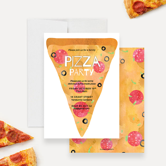 Party invitation featuring a large watercolor pizza slice design and editable text perfect for birthdays and family parties.