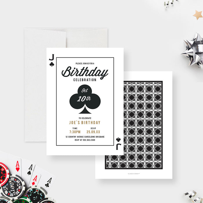 Poker themed birthday party invitation with casino card layout
