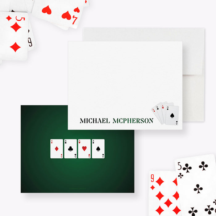 Personalized poker note card front and back, with four aces, a printed name and matching playing cards on a deep green back.