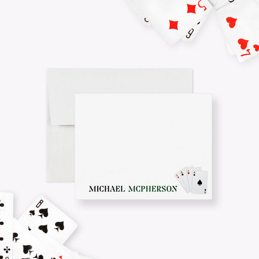 Personalized poker note card front with a fan of four aces beside a printed name, shown with a white envelope.