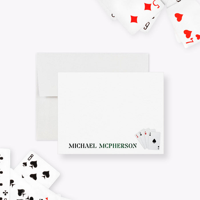 Personalized poker note card front with a fan of four aces beside a printed name, shown with a white envelope.