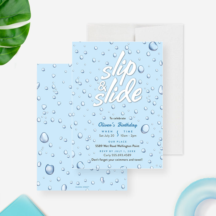 Slip and slide pool party invitation with water droplet illustration for kids’ and adults’ summer birthday parties-front-back