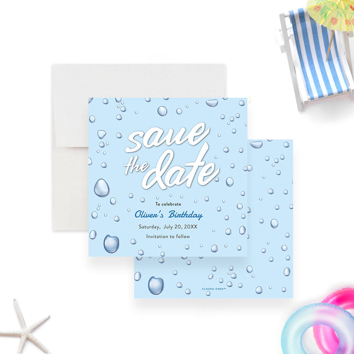 Save the date card featuring a water droplet design on a light blue background for a summer birthday and pool party invitation-front-back