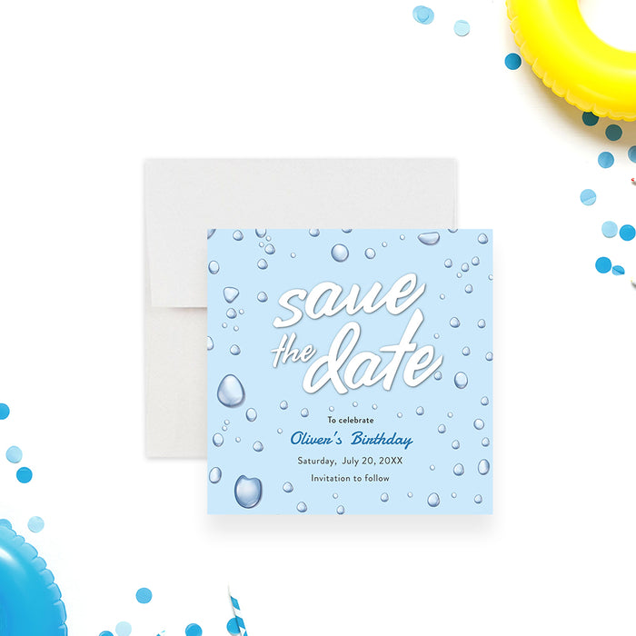 Save the date card featuring a water droplet design on a light blue background for a summer birthday and pool party invitation-front