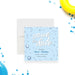 Save the date card featuring a water droplet design on a light blue background for a summer birthday and pool party invitation-front