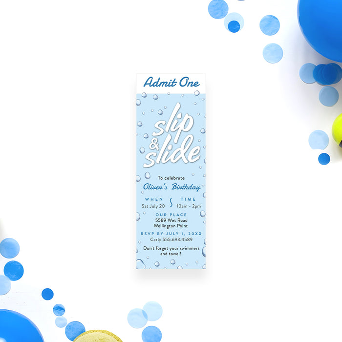 Slip and slide pool party ticket invitation with admit one style. Fun summer birthday invite perfect for kids pool parties and water slide celebrations.