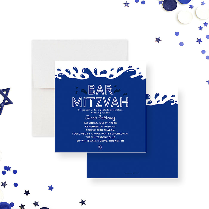 Bar Mitzvah invitation featuring a water splash and Star of David design, personalized for Jewish milestone events.-front-back