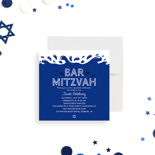 Bar Mitzvah invitation featuring a water splash and Star of David design, personalized for Jewish milestone events.-front