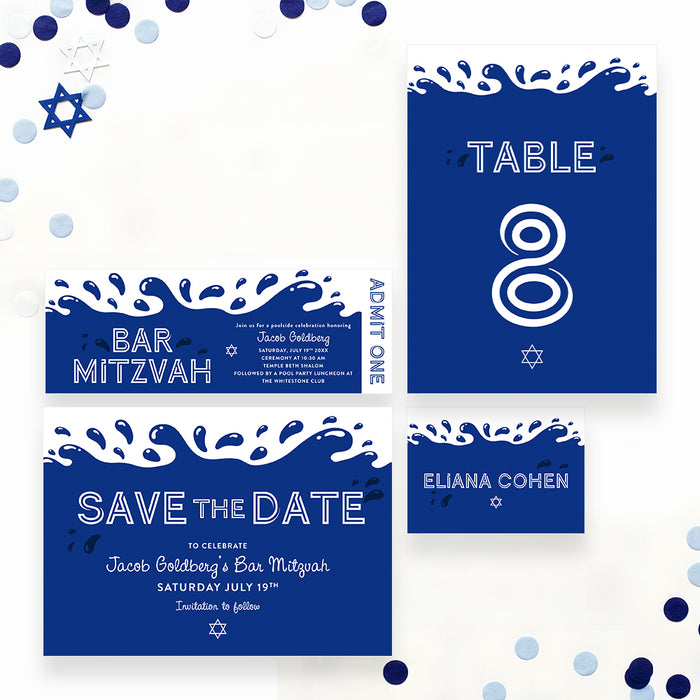 Pool Party Bar Mitzvah Invitation Blue Water Theme Design