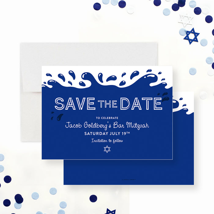 Bar Mitzvah save the date card featuring a water splash design with a Star of David for Jewish milestone celebrations.-front-back