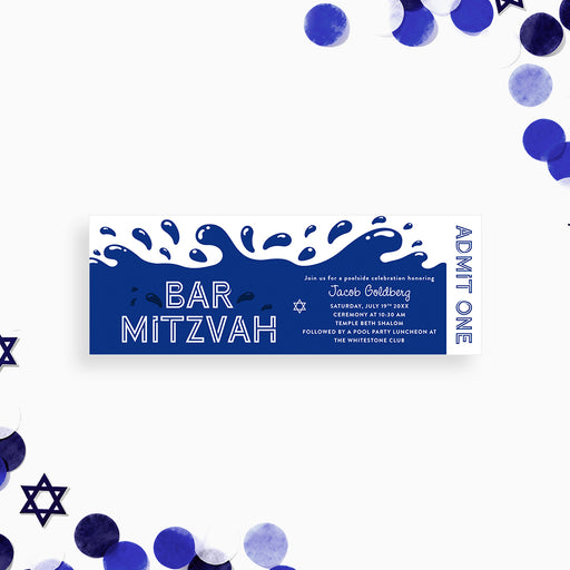 Bar Mitzvah ticket invitation featuring a blue splash design, a Star of David, and a personalized Jewish event entry pass.