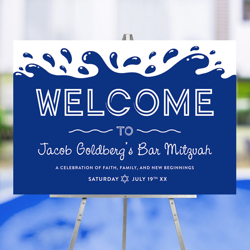 Bar Mitzvah welcome sign with blue water splash design and Star of David, perfect for Jewish celebrations, pool parties, or event entrance displays.