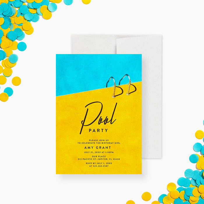 pool party birthday invitation with blue pool water, yellow pool deck, pool ladder, modern lettering, and custom birthday details-front