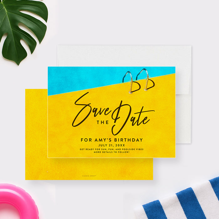 pool party birthday save the date card with bright blue water and yellow poolside design for a summer birthday celebration-front-back